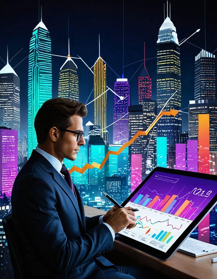 A visually striking illustration of an investor analyzing a diversified portfolio, surrounded by colorful graphs, charts, and financial symbols, with a backdrop of a bustling city skyline representing growth and opportunity. The character is deep in thought, jotting down notes on a digital tablet. Bright, engaging colors to evoke optimism and intelligence. 3D style with a futuristic touch.