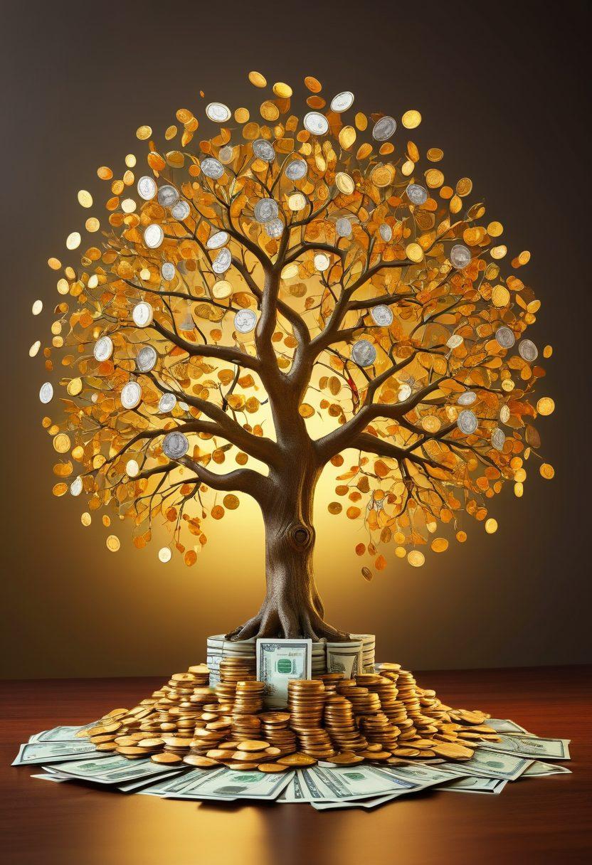 A dynamic visual representation of financial growth, featuring a tree made of gold coins and dollar bills sprouting from a solid foundation labeled 'Mutual Funds'. Surrounding the tree are vibrant graphs and charts illustrating upward trends. In the background, a glowing light bulb symbolizes smart investing with diverse financial tools (stocks, bonds) around it. The color palette should be rich and inviting, emphasizing prosperity and opportunity. super-realistic. vibrant colors. 3D.