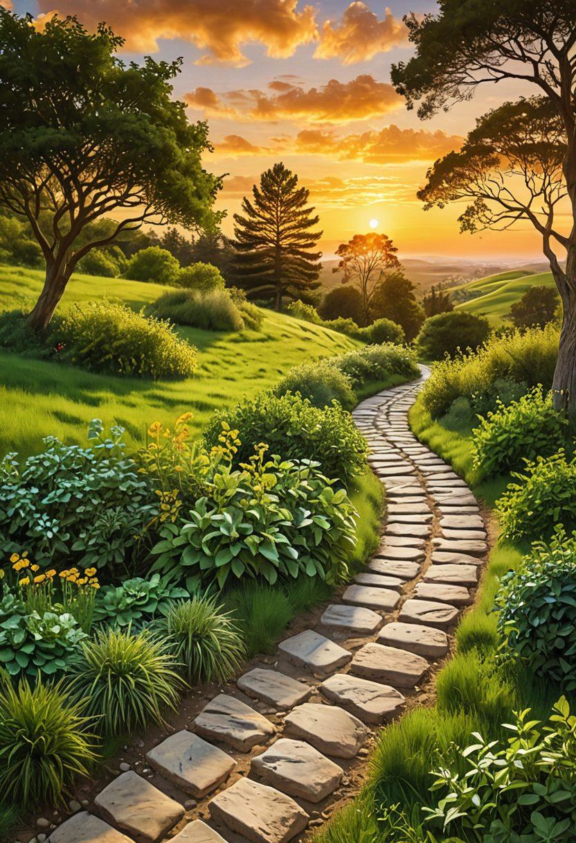 A serene winding pathway leading through a lush green landscape, symbolizing the journey of financial growth. Along the path, various investment vehicles like stocks, bonds, and real estate icons are portrayed with brief descriptions. In the background, a glowing sunset represents the future of retirement planning, with images of people enjoying their golden years. The scene exudes optimism and clarity, inviting viewers to explore financial opportunities. vibrant colors. painting.